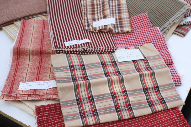 photo of rustic warm browns & red plaids, stripes, prints vintage cotton fabric lot, fat quarters & small pieces #6