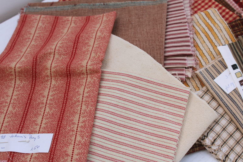 photo of rustic warm browns & red plaids, stripes, prints vintage cotton fabric lot, fat quarters & small pieces #7