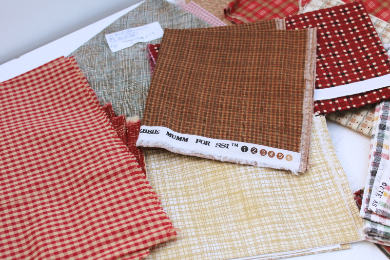 photo of rustic warm browns & red plaids, stripes, prints vintage cotton fabric lot, fat quarters & small pieces #10