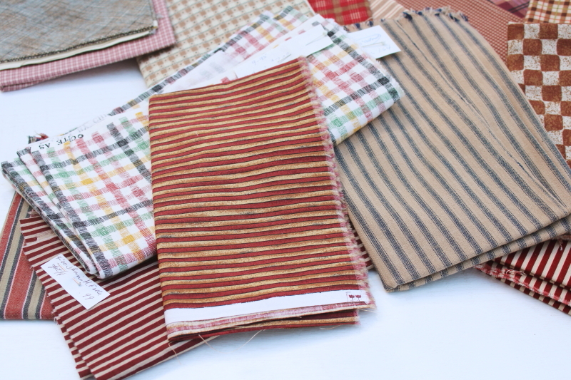 photo of rustic warm browns & red plaids, stripes, prints vintage cotton fabric lot, fat quarters & small pieces #11