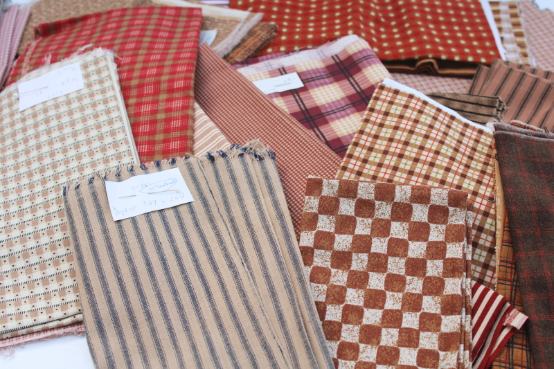 photo of rustic warm browns & red plaids, stripes, prints vintage cotton fabric lot, fat quarters & small pieces #12