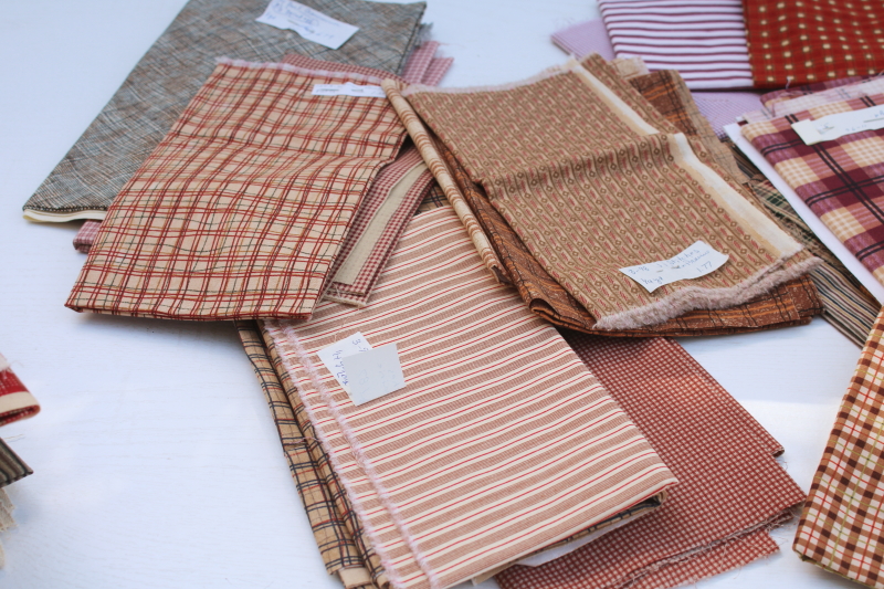 photo of rustic warm browns & red plaids, stripes, prints vintage cotton fabric lot, fat quarters & small pieces #13