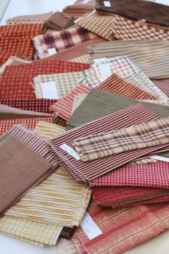 catalog photo of rustic warm browns & red plaids, stripes, prints vintage cotton fabric lot, fat quarters & small pieces