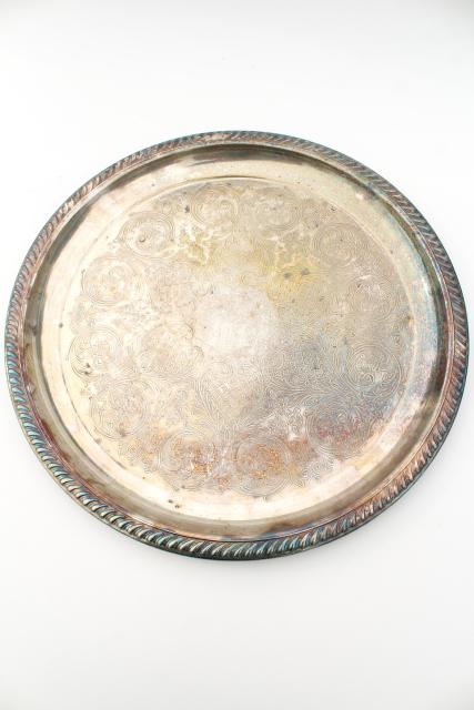 photo of rustic wedding cake plate, large round tray tarnished silver over brass, vintage serveware #1