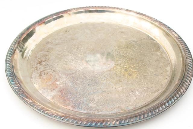 photo of rustic wedding cake plate, large round tray tarnished silver over brass, vintage serveware #2