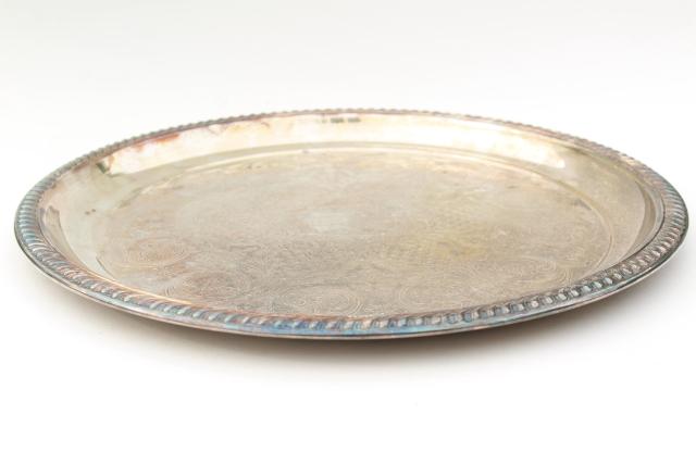 photo of rustic wedding cake plate, large round tray tarnished silver over brass, vintage serveware #3