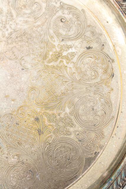 photo of rustic wedding cake plate, large round tray tarnished silver over brass, vintage serveware #4