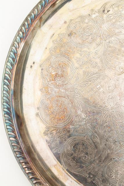 photo of rustic wedding cake plate, large round tray tarnished silver over brass, vintage serveware #5