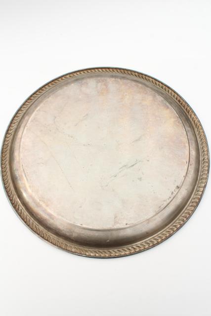 photo of rustic wedding cake plate, large round tray tarnished silver over brass, vintage serveware #7