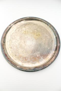 rustic wedding cake plate, large round tray tarnished silver over brass, vintage serveware