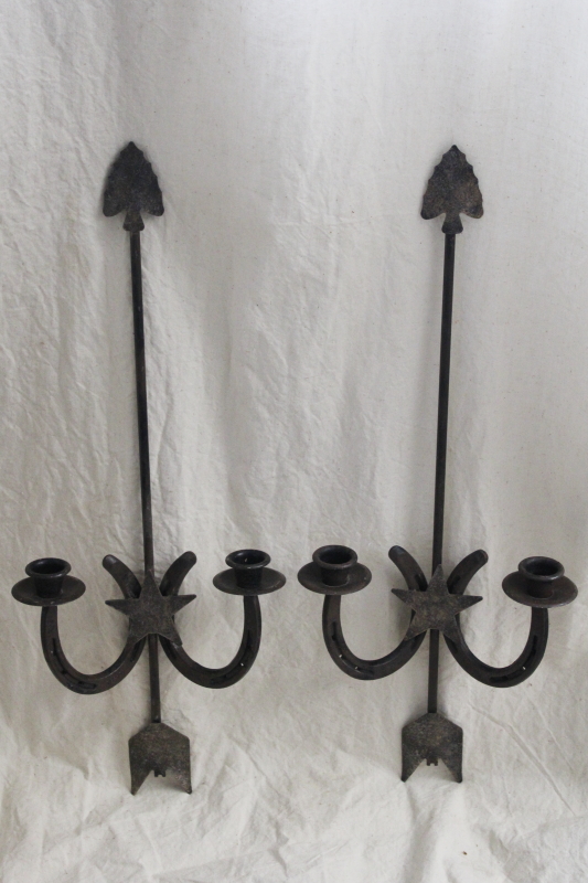 photo of rustic western decor, pair of iron wall sconces candle holders horseshoes & arrowheads #1