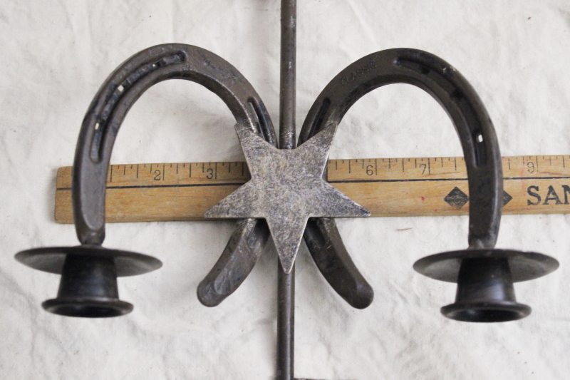 photo of rustic western decor, pair of iron wall sconces candle holders horseshoes & arrowheads #2