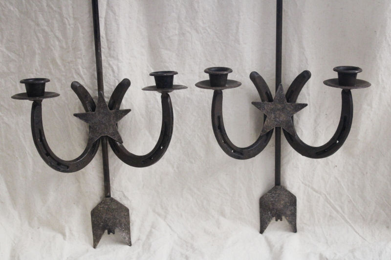 photo of rustic western decor, pair of iron wall sconces candle holders horseshoes & arrowheads #3