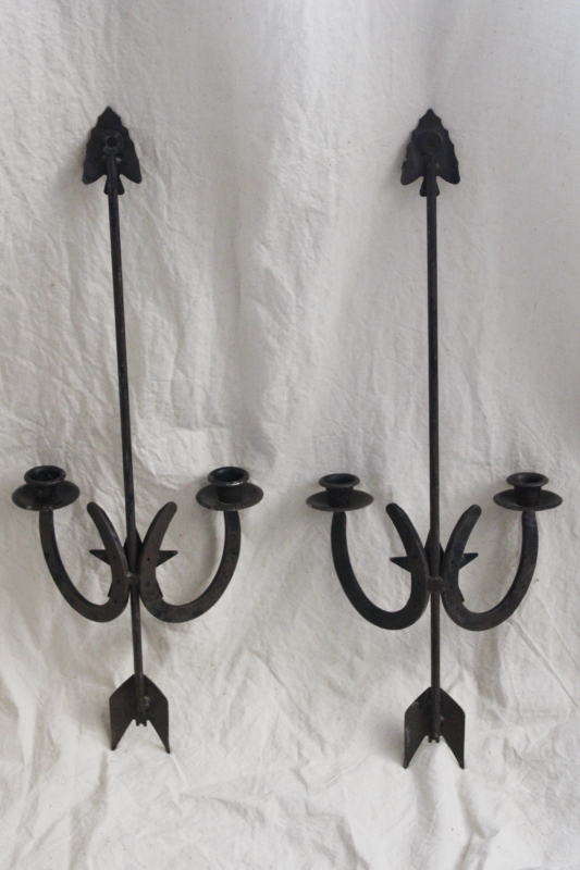 photo of rustic western decor, pair of iron wall sconces candle holders horseshoes & arrowheads #5