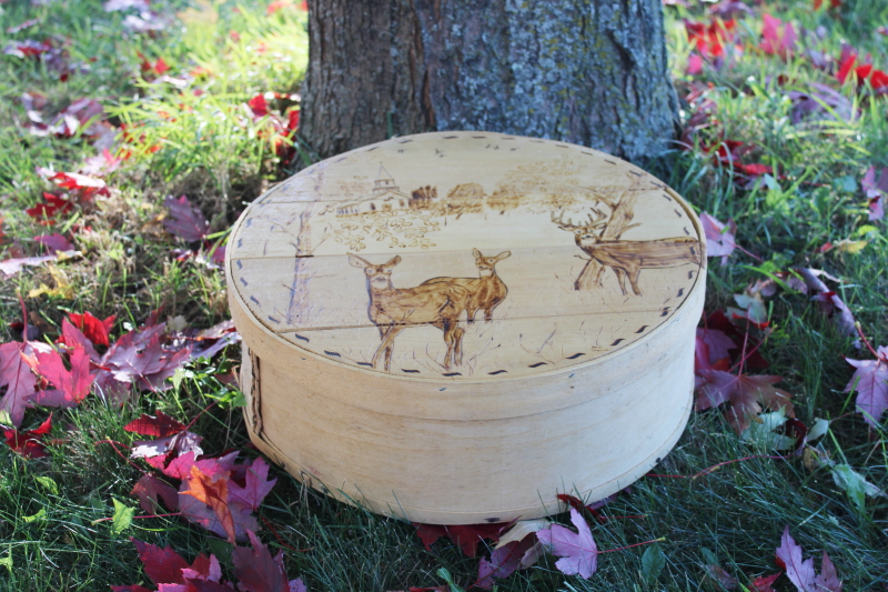 photo of rustic wood cheese box Monroe Wisconsin artist woodburned pyrography art herd of deer #1