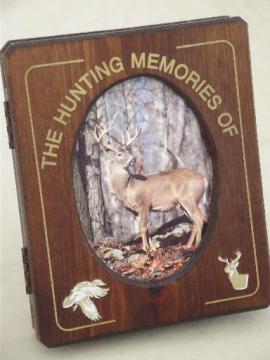 catalog photo of rustic wood frame easel stand photo album, vintage Hunting Memories book 