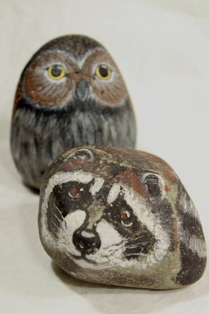 photo of rustic woodland animals pet rocks, raccoon and owl hand painted artist signed 80s vintage #1