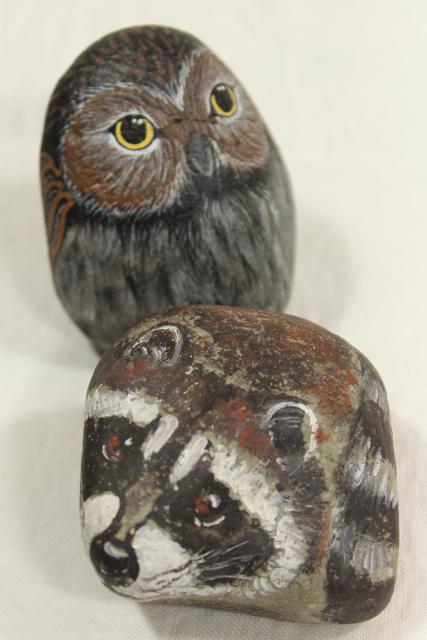 photo of rustic woodland animals pet rocks, raccoon and owl hand painted artist signed 80s vintage #4