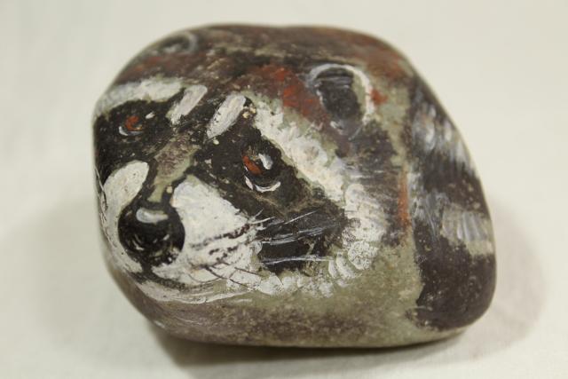 photo of rustic woodland animals pet rocks, raccoon and owl hand painted artist signed 80s vintage #9