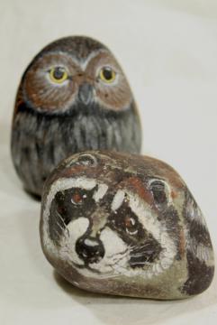 catalog photo of rustic woodland animals pet rocks, raccoon and owl hand painted artist signed 80s vintage