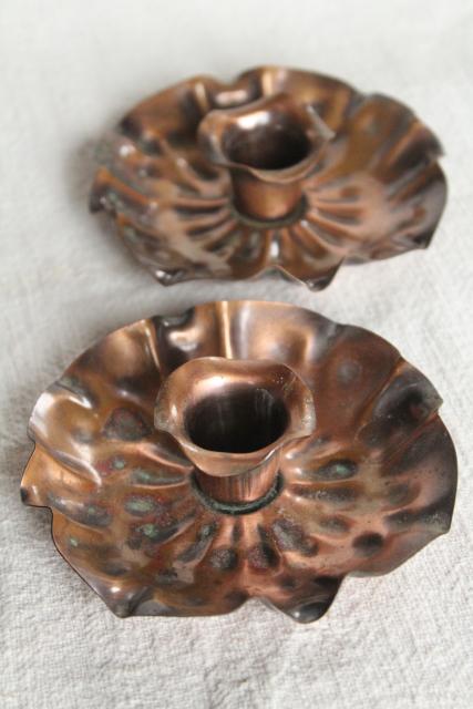 photo of rustic wrought copper flowers, pair of vintage candle holders southwest style #1