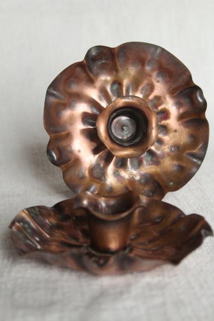 photo of rustic wrought copper flowers, pair of vintage candle holders southwest style #2