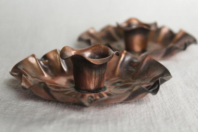 photo of rustic wrought copper flowers, pair of vintage candle holders southwest style #3