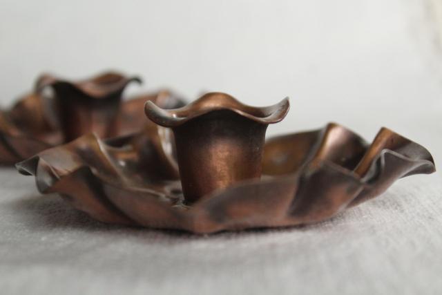 photo of rustic wrought copper flowers, pair of vintage candle holders southwest style #4