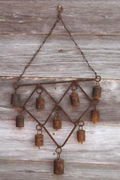 catalog photo of rusty bells wind chime, primitive wrought iron garden decor / yard art wind chimes