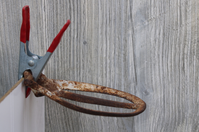 photo of rusty crusty old cast iron hardware to repurpose upcyle, push plates for dairy barn cow water bowl cups #11