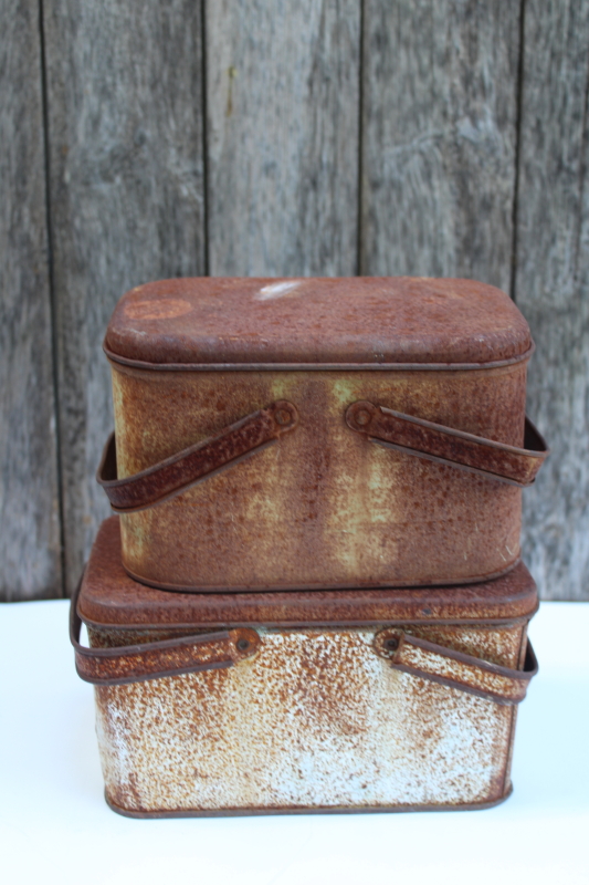 photo of rusty crusty old tin picnic baskets or sand buckets, vintage metal toy lunch boxes w/ handles #1