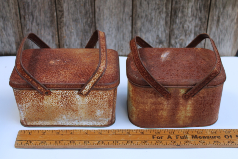 photo of rusty crusty old tin picnic baskets or sand buckets, vintage metal toy lunch boxes w/ handles  #2