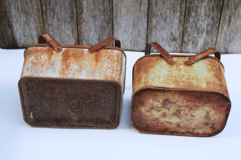 photo of rusty crusty old tin picnic baskets or sand buckets, vintage metal toy lunch boxes w/ handles  #3