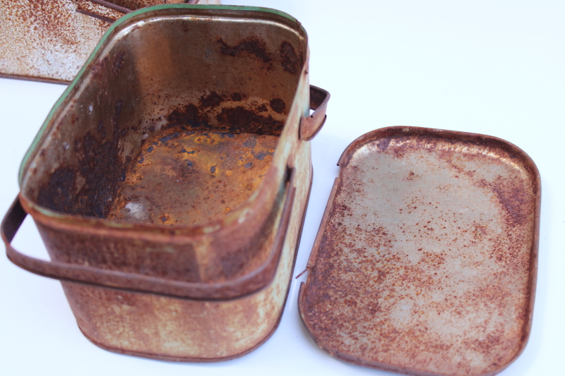 photo of rusty crusty old tin picnic baskets or sand buckets, vintage metal toy lunch boxes w/ handles  #5