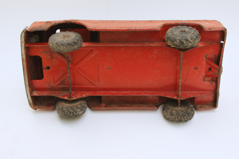 photo of rusty crusty vintage Nylint metal toy truck, mid century vintage Ford farm truck worn old red paint  #4