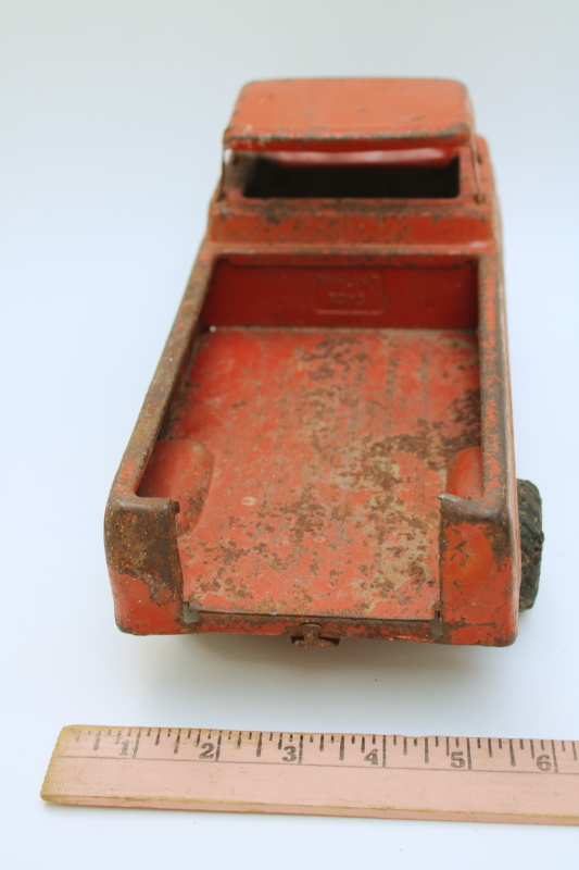 photo of rusty crusty vintage Nylint metal toy truck, mid century vintage Ford farm truck worn old red paint  #5