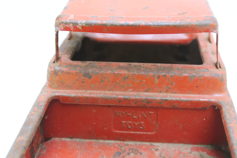 photo of rusty crusty vintage Nylint metal toy truck, mid century vintage Ford farm truck worn old red paint  #6