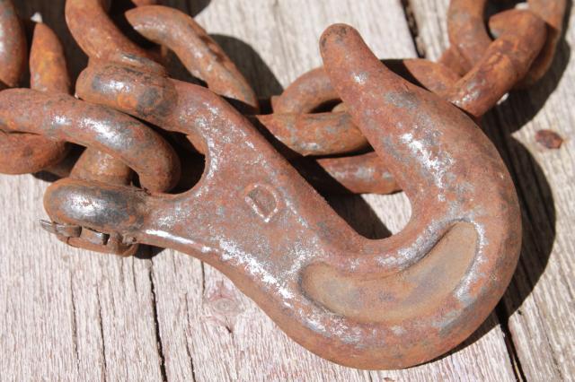 photo of rusty iron chain yard long w/ heavy forged hook  rustic industrial vintage tool #2