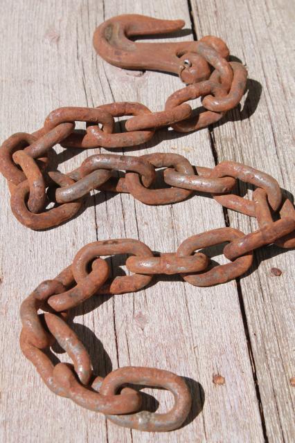 photo of rusty iron chain yard long w/ heavy forged hook  rustic industrial vintage tool #5