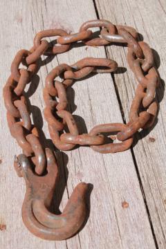 catalog photo of rusty iron chain yard long w/ heavy forged hook  rustic industrial vintage tool