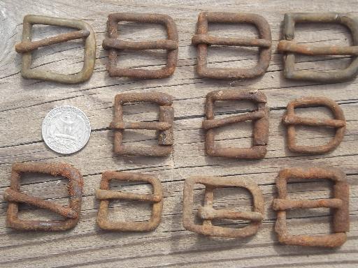 photo of rusty old iron buckles, primitive antique harness belt buckle collection #2