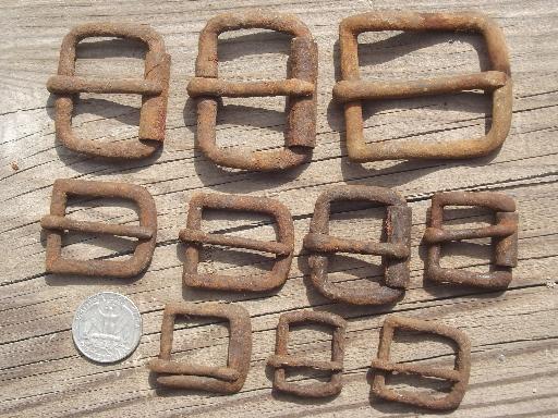 photo of rusty old iron buckles, primitive antique harness belt buckle collection #3