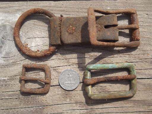 photo of rusty old iron buckles, primitive antique harness belt buckle collection #4