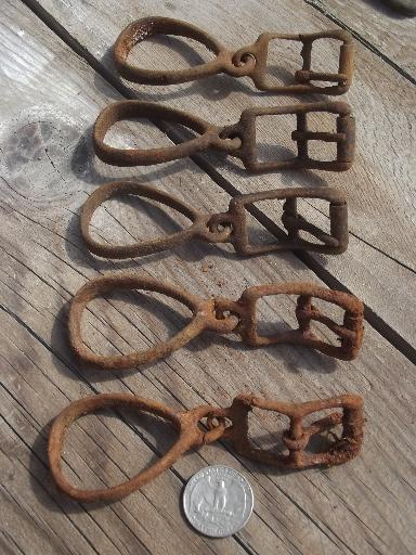 photo of rusty old iron buckles, primitive antique harness belt buckle collection #5