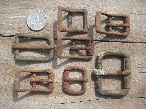 photo of rusty old iron buckles, primitive antique harness belt buckle collection #6