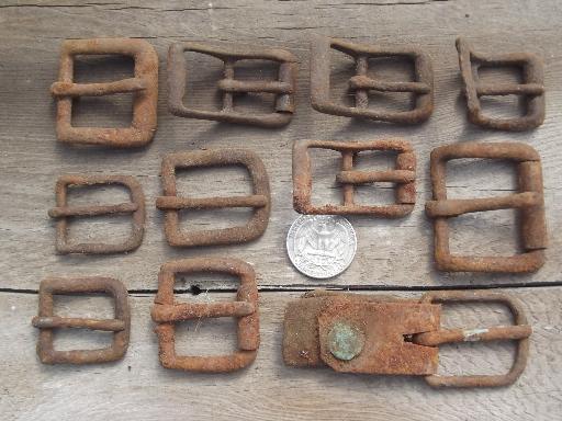 photo of rusty old iron buckles, primitive antique harness belt buckle collection #7