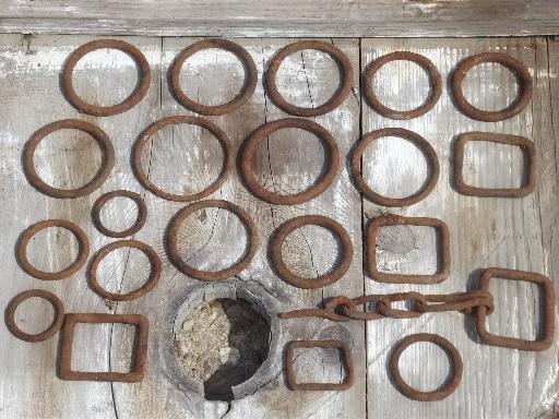 photo of rusty old iron hardware lot, primitive antique harness rings collection #1