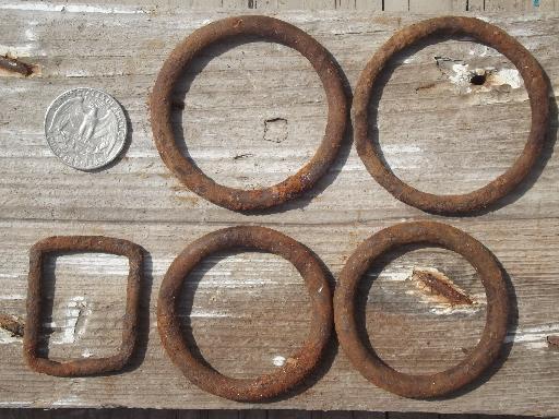 photo of rusty old iron hardware lot, primitive antique harness rings collection #5