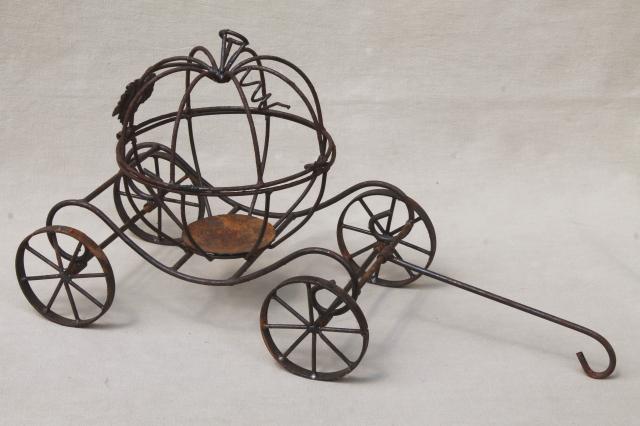 photo of rusty rustic metal wire Cinderella pumpkin coach, enchanted garden ornament decor #1