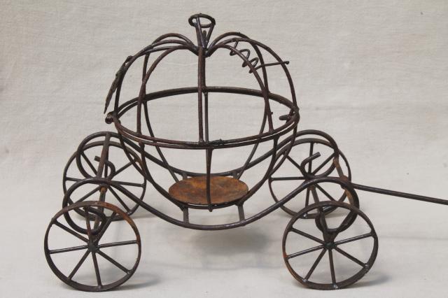 photo of rusty rustic metal wire Cinderella pumpkin coach, enchanted garden ornament decor #3